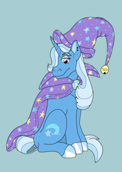 Size: 640x905 | Tagged: safe, artist:bannykin, imported from derpibooru, trixie, pony, unicorn, bad anatomy, cape, clothes, female, hat, simple background, sitting, solo, trixie's cape, trixie's hat