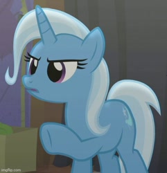 Size: 500x519 | Tagged: safe, imported from derpibooru, screencap, trixie, pony, unicorn, no second prances, season 6, cropped, female, hooves, horn, imgflip, mare, open mouth, raised hoof, solo, standing