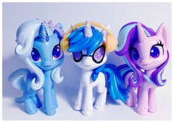 Size: 1250x886 | Tagged: safe, artist:captainpinkyheart, imported from derpibooru, dj pon-3, starlight glimmer, trixie, vinyl scratch, g4.5, headphones, irl, merchandise, photo, toy, trio