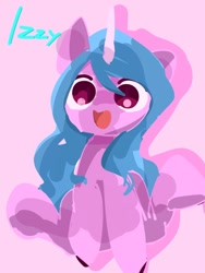 Size: 768x1024 | Tagged: safe, artist:pnpn_721, imported from derpibooru, izzy moonbow, pony, unicorn, cute, female, g5, izzybetes, looking at you, mare, open mouth, open smile, pink background, simple background, smiling, smiling at you, solo, text