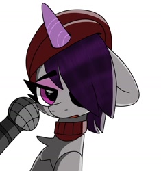 Size: 1541x1640 | Tagged: safe, artist:slipknotfox, imported from derpibooru, pony, unicorn, beatnik pony, beret, clothes, female, g5, goth, hair over one eye, hat, horn, mare, microphone, my little pony: a new generation, onyx, sad, scarf, simple background, white background