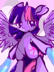 Size: 768x1024 | Tagged: safe, artist:pnpn_721, imported from derpibooru, twilight sparkle, alicorn, pony, anarchy stocking, anime, bipedal, crossover, female, looking at you, mare, panty and stocking with garterbelt, solo, spoilers for another series, stockinglight, twilight sparkle (alicorn), unamused