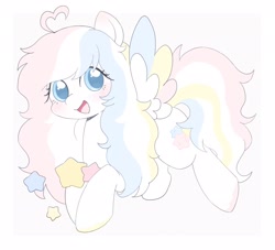 Size: 2044x1854 | Tagged: safe, artist:ginmaruxx, imported from derpibooru, oc, oc only, pegasus, pony, commission, female, looking at you, mare, open mouth, open smile, pegasus oc, simple background, smiling, smiling at you, solo, spread wings, stars, white background, wings