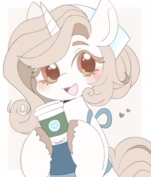 Size: 1744x2048 | Tagged: safe, artist:ginmaruxx, imported from derpibooru, oc, oc only, pony, unicorn, blushing, bust, coffee, commission, drink, female, hat, heart, hoof hold, looking at you, mare, open mouth, open smile, simple background, smiling, smiling at you, solo, thanks, white background