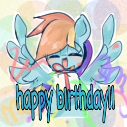 Size: 768x768 | Tagged: safe, artist:pnpn_721, imported from derpibooru, rainbow dash, pegasus, pony, bust, cute, dashabetes, eyes closed, female, happy birthday, mare, open mouth, open smile, present, smiling, solo, spread wings, streamers, text, wings