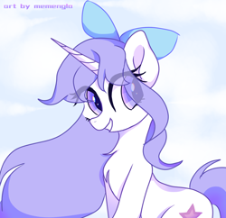 Size: 1288x1246 | Tagged: safe, artist:memengla, imported from derpibooru, oc, pony, unicorn, bow, eye clipping through hair, hair bow, solo