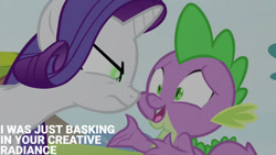 Size: 1280x720 | Tagged: safe, edit, edited screencap, editor:quoterific, imported from derpibooru, screencap, rarity, spike, dragon, pony, unicorn, inspiration manifestation, season 4, blatant lies, duo, female, inspirarity, male, mare, open mouth, open smile, possessed, smiling, text