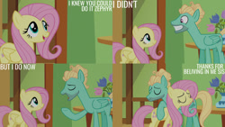 Size: 1280x720 | Tagged: safe, edit, edited screencap, editor:quoterific, imported from derpibooru, screencap, fluttershy, zephyr breeze, pegasus, pony, flutter brutter, season 6, eyes closed, female, grin, hug, male, mare, open mouth, open smile, smiling, stallion, text