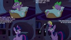 Size: 1280x720 | Tagged: safe, edit, edited screencap, editor:quoterific, imported from derpibooru, screencap, spike, twilight sparkle, alicorn, dragon, pony, season 4, twilight's kingdom, blanket, duo, eyes closed, female, golden oaks library, male, mare, night, open mouth, sleeveless, smiling, text, twilight sparkle (alicorn)