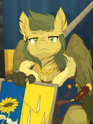 Size: 1920x2560 | Tagged: safe, artist:equestria-prevails, imported from derpibooru, oc, oc only, hippogriff, hybrid, original species, amputee, armor, clothes, current events, hippogriff oc, lidded eyes, looking at you, scar, shield, sitting, solo, spear, ukraine, weapon