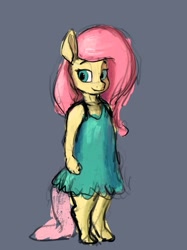 Size: 1535x2048 | Tagged: safe, artist:phutashi, imported from derpibooru, fluttershy, anthro, pegasus, unguligrade anthro, blue background, clothes, dress, female, simple background, sketch, solo