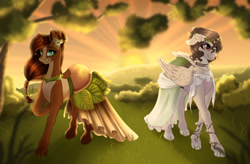 Size: 1280x842 | Tagged: safe, artist:nuumia, imported from derpibooru, oc, oc:dreamy blossom, oc:hazel swirl, earth pony, pegasus, pony, clothes, dress, female, mare