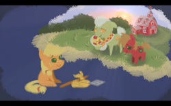 Size: 1280x800 | Tagged: safe, artist:kluzart, imported from derpibooru, apple bloom, applejack, big macintosh, granny smith, pony, apple family, baby, baby apple bloom, baby pony, bindle, colt, colt big macintosh, female, filly, filly applejack, foal, male, pacifier, teary eyes, younger