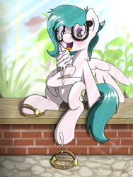 Size: 3000x4000 | Tagged: safe, artist:flaremoon, imported from derpibooru, oc, oc only, oc:hazy breeze, pegasus, pony, blushing, female, food, glasses, hoof sandals, hooves, ice cream, licking, mare, open mouth, open smile, sandals, sitting, smiling, tongue out