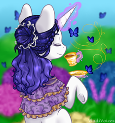 Size: 560x600 | Tagged: safe, artist:vladivoices, imported from derpibooru, oc, oc only, oc:fidelity, butterfly, pony, unicorn, cup, eyes closed, food, glowing, glowing horn, horn, magic, smiling, solo, tea, teacup, telekinesis, unicorn oc