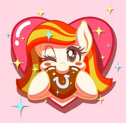 Size: 1173x1149 | Tagged: safe, artist:michiyoshi, imported from derpibooru, oc, oc only, oc:poniko, earth pony, pony, bust, chocolate, eating, female, food, heart, horseshoes, looking at you, mare, one eye closed, pink background, simple background, solo, sparkles, wink, winking at you