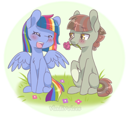 Size: 650x600 | Tagged: safe, artist:vladivoices, imported from derpibooru, oc, oc only, earth pony, pegasus, pony, blushing, cute, earth pony oc, female, flower, flower in mouth, grass, male, mouth hold, oc x oc, open mouth, partial background, pegasus oc, rose, shipping, simple background, spread wings, transparent background, wings