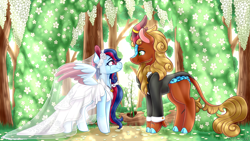 Size: 1920x1080 | Tagged: safe, artist:vladivoices, imported from derpibooru, oc, oc only, kirin, pony, clothes, crying, dress, eye contact, female, interspecies, kirin oc, looking at each other, looking at someone, male, tears of joy, wedding dress