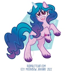 Size: 894x894 | Tagged: safe, artist:redpalette, imported from derpibooru, izzy moonbow, pony, unicorn, bipedal, bracelet, cute, female, g5, hind legs, jewelry, lightly watermarked, mare, my little pony: a new generation, smiling, unshorn fetlocks, watermark