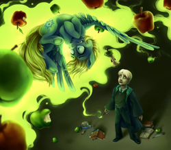 Size: 2000x1752 | Tagged: safe, artist:thyladactyl, imported from derpibooru, oc, oc:laniakea, pony, apple, crossover, draco malfoy, duo, female, food, harry potter (series), levitation, magic, male, telekinesis