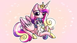 Size: 1600x900 | Tagged: safe, artist:sunniesfunthecupcake, imported from derpibooru, princess cadance, princess flurry heart, alicorn, pony, cute, duo, female, foal, lying down, mother and child, mother and daughter, prone