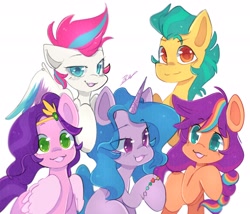 Size: 2048x1751 | Tagged: safe, artist:haichiroo, imported from derpibooru, hitch trailblazer, izzy moonbow, pipp petals, sunny starscout, zipp storm, earth pony, pegasus, pony, unicorn, :3, colored pupils, cute, female, g5, heart eyes, male, mane five (g5), mane stripe sunny, mare, multicolored hair, open mouth, simple background, stallion, white background, wingding eyes