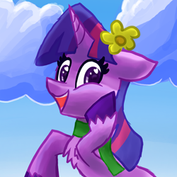 Size: 2100x2100 | Tagged: safe, artist:llamalauncher, imported from derpibooru, twilight sparkle, pony, unicorn, chest fluff, clothes, female, flower, flower in hair, heart eyes, open mouth, scarf, solo, unicorn twilight, wingding eyes