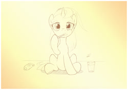 Size: 1456x1025 | Tagged: safe, artist:sherwoodwhisper, imported from derpibooru, oc, oc only, oc:eri, oc:whisper, mouse, unicorn, female, filly, foal, glass, hoof hold, male, monochrome, toothbrush, toothpaste, water