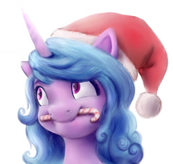 Size: 1280x1214 | Tagged: safe, artist:nedemai, imported from derpibooru, izzy moonbow, pony, unicorn, candy, candy cane, christmas, female, food, g5, hat, holiday, mare, santa hat, solo