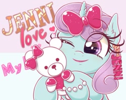 Size: 1277x1011 | Tagged: safe, artist:phoenixrk49, imported from derpibooru, oc, oc only, oc:jenni love, pony, unicorn, bracelet, bust, eye clipping through hair, female, heart, jewelry, mare, one eye closed, plushie, ribbon, solo, teddy bear