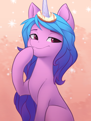 Size: 4000x5319 | Tagged: safe, artist:omnanya, imported from derpibooru, izzy moonbow, pony, unicorn, donut, female, food, g5, hoof on chin, horn, horn impalement, mare, solo