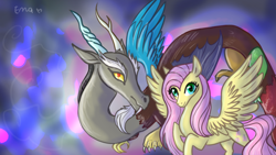 Size: 1600x900 | Tagged: safe, artist:sunniesfunthecupcake, imported from derpibooru, discord, fluttershy, draconequus, pegasus, pony, abstract background, duo, female, male, signature