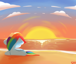 Size: 2400x2000 | Tagged: safe, artist:ronin20181, imported from derpibooru, rainbow dash, pegasus, pony, beach, female, floppy ears, high res, solo, sunset