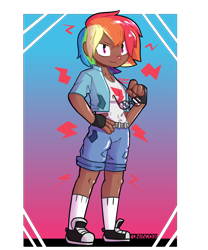 Size: 2000x2400 | Tagged: safe, artist:ronin20181, imported from derpibooru, rainbow dash, human, clothes, converse, dark skin, glasses, high res, humanized, jacket, looking at you, shoes, shorts, smiling, solo