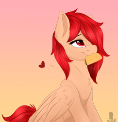 Size: 1944x2000 | Tagged: safe, artist:monsoonvisionz, imported from derpibooru, oc, oc only, pony, chest fluff, commissioner, commissioner:kingforrestbob, female, folded wings, food, gradient background, heart, mouth hold, solo, sternocleidomastoid, taco, wings