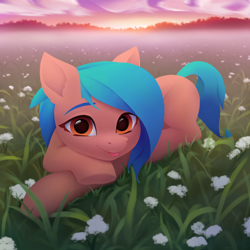 Size: 3000x3000 | Tagged: safe, artist:omnanya, imported from derpibooru, oc, oc only, earth pony, pony, :p, crossed hooves, earth pony oc, female, flower, fog, grass, high res, lying down, mare, outdoors, prone, scenery, solo, tongue out