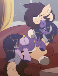 Size: 2161x2828 | Tagged: safe, artist:beardie, imported from derpibooru, oc, oc only, oc:buttercream scotch, oc:rivibaes, draconequus, unicorn, butt, couch, cuddling, eyes closed, female, high res, horn, jewelry, male, plot, snow, straight, unicorn oc, window