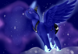 Size: 1200x840 | Tagged: safe, artist:sunniesfunthecupcake, imported from derpibooru, princess luna, alicorn, pony, eyes closed, female, glowing, glowing horn, horn, solo