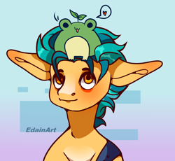 Size: 1158x1066 | Tagged: safe, artist:edain16, imported from derpibooru, hitch trailblazer, earth pony, frog, pony, big ears, bust, critter magnet, cute, g5, heart, hitchbetes, male, pictogram, portrait, solo, speech bubble, stallion