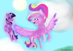 Size: 1200x840 | Tagged: safe, artist:sunniesfunthecupcake, imported from derpibooru, princess cadance, twilight sparkle, alicorn, pony, unicorn, duo, female, flying, glowing, glowing horn, horn, levitation, magic, sisters-in-law, telekinesis, unicorn twilight