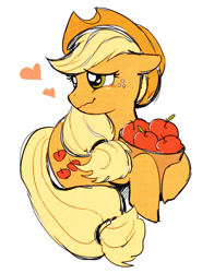 Size: 550x700 | Tagged: safe, artist:rebe921, imported from derpibooru, applejack, earth pony, pony, apple, apple basket, cute, female, floppy ears, food, heart, heart eyes, hoof hold, jackabetes, mare, simple background, smiling, solo, that pony sure does love apples, white background, wingding eyes