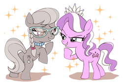 Size: 800x550 | Tagged: safe, artist:rebe921, imported from derpibooru, diamond tiara, silver spoon, earth pony, pony, butt, duo, evil grin, female, filly, foal, grin, jewelry, plot, simple background, smiling, smirk, tiara, white background