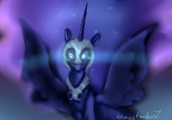 Size: 1200x840 | Tagged: safe, artist:sunniesfunthecupcake, imported from derpibooru, nightmare moon, alicorn, pony, female, glowing, glowing eyes, solo
