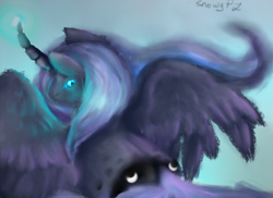 Size: 884x642 | Tagged: safe, artist:sunniesfunthecupcake, imported from derpibooru, princess luna, pony, curved horn, female, glowing, glowing eyes, horn, solo, spread wings, wings