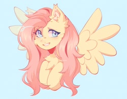 Size: 1861x1454 | Tagged: safe, artist:_stellarsleep, imported from derpibooru, fluttershy, pegasus, pony, blue background, bust, cheek fluff, chest fluff, cute, ear fluff, female, mare, shyabetes, simple background, smiling, solo, spread wings, wings