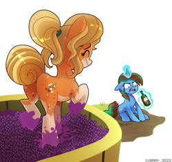 Size: 2859x2704 | Tagged: safe, artist:lummh, imported from derpibooru, oc, oc only, oc:ayma, oc:wander bliss, earth pony, pony, unicorn, alcohol, blaze (coat marking), bottle, butt, female, food, grape stomping, grapes, high res, magic, mare, pale belly, plot, socks (coat marking), telekinesis, wine, wine bottle