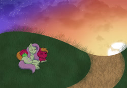 Size: 1280x890 | Tagged: safe, artist:marsh-mal-oh, imported from derpibooru, big macintosh, fluttershy, earth pony, pegasus, pony, cuddling, cute, eyes closed, female, fluttermac, grass, hill, lying down, macabetes, male, mare, prone, redraw, shipping, shyabetes, smiling, stallion, straight, sunset