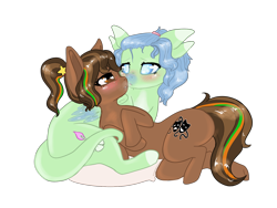 Size: 1600x1200 | Tagged: safe, imported from derpibooru, oc, oc:limelight, earth pony, butt, cuddling, female, lesbian, mare, plot, simple background, transparent background