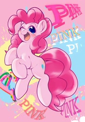 Size: 1430x2048 | Tagged: safe, artist:kurogewapony, imported from derpibooru, pinkie pie, earth pony, pony, abstract background, blushing, cute, diapinkes, female, happy, looking at you, mare, one eye closed, open mouth, open smile, pink, pinkest pie, simple background, smiling, smiling at you, solo, text, wink, winking at you