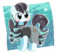 Size: 1938x1779 | Tagged: safe, artist:leo19969525, imported from derpibooru, coloratura, earth pony, pony, blushing, city, cityscape, clothes, cute, female, mare, partial background, rarabetes, smiling, solo